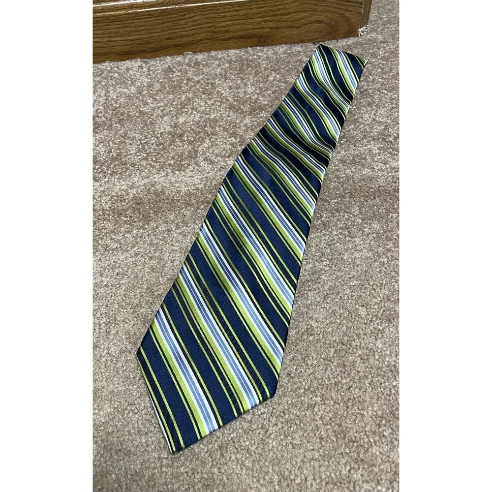 Jones New‎ York Tie Green Blue White Diagonal Striped Silk Woven Men's Necktie